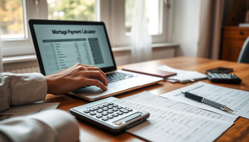 A close-up view of a wooden desk with a sleek laptop open to a mortgage payment calculator web page, surrounded by scattered financial documents and a calculator. In the foreground, a pair of professional hands, dressed in modest business attire, are intently typing on the laptop. The middle ground features a notepad filled with handwritten notes and a pen that is positioned next to the laptop. The background includes a softly blurred window that lets in gentle daylight, creating a warm and inviting atmosphere. The overall mood is focused and professional, emphasizing the importance of budgeting and financial planning in relation to mortgage payments. The lighting is bright but soft, lending a clear view of the scene without harsh shadows.