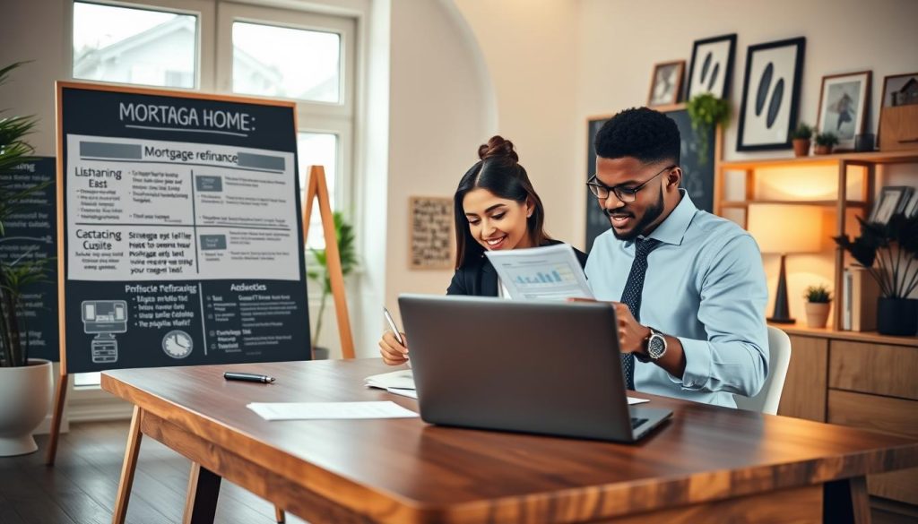 A cozy, modern home office scene in the foreground featuring a diverse couple sitting at a stylish wooden desk, both dressed in professional business attire. They are examining mortgage refinancing documents, with a laptop open displaying financial graphs. In the middle ground, a chalkboard or whiteboard visible, filled with key points and strategies for lowering mortgage payments, showcasing a visually appealing layout with bullet points and diagrams. The background portrays a bright, welcoming atmosphere with soft natural light streaming through large windows, illuminating framed family photos and indoor plants for a touch of warmth. The overall mood is one of focused determination and optimism, illustrating the concept of mortgage refinancing as a pathway to financial relief.