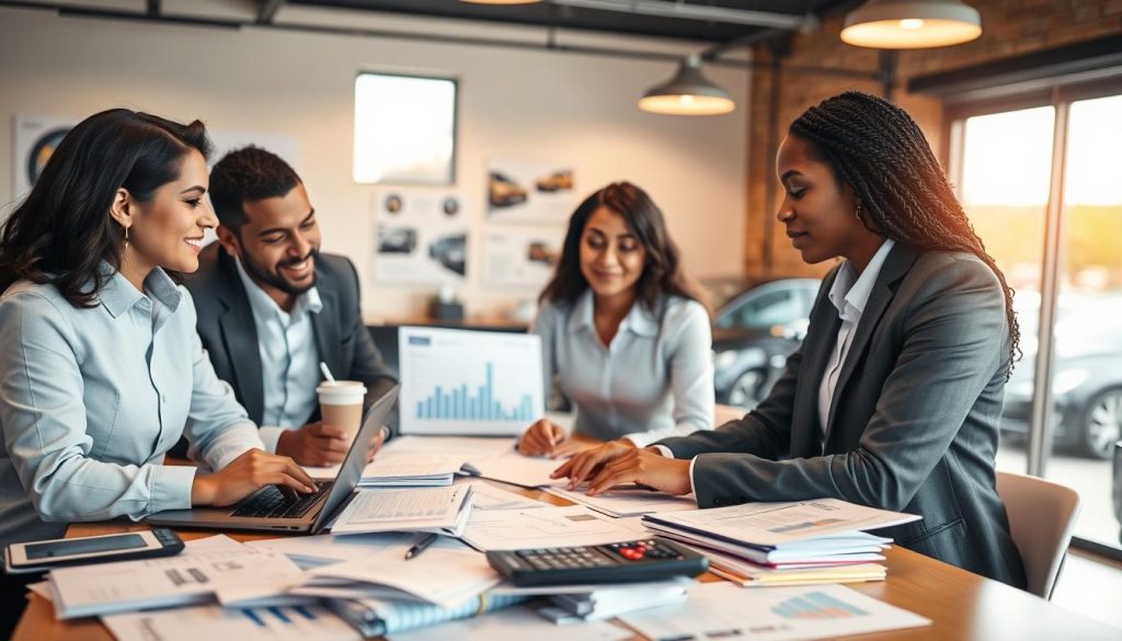 A detailed, informative scene depicting the used car loan process, with a focus on preparing finances. In the foreground, a diverse group of three individuals in professional business attire is engaged in a discussion around a table piled with financial documents, calculators, and a laptop displaying loan options. In the middle, a blurred outline of an office environment with a desk, charts on the wall showing finance trends, and a large window allowing natural light to stream in. The background features soft-focus images of parked used cars visible through the window, suggesting the next step in the car buying process. The overall mood is one of collaboration and professionalism, illuminated by warm overhead lighting to create an inviting atmosphere.