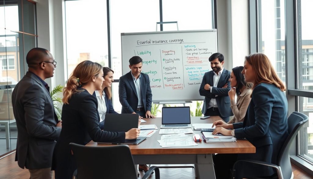 A modern small business office setting, with a focus on essential insurance coverage. In the foreground, a diverse group of entrepreneurs, dressed in professional business attire, are engaged in a discussion around a table covered with documents and a laptop showing insurance policy graphs. In the middle ground, a large whiteboard displays key insurance concepts, like "liability," "property," and "workers' comp," with colorful markers highlighting important information. The background features large windows allowing natural light to flood the space, creating a bright and optimistic atmosphere. The overall mood is one of collaboration and proactive planning, capturing the essence of entrepreneurship and the importance of understanding insurance coverage. The scene is photographed with a wide-angle lens to encompass the dynamism of the workspace. A modern small business office setting, with a focus on essential insurance coverage. In the foreground, a diverse group of entrepreneurs, dressed in professional business attire, are engaged in a discussion around a table covered with documents and a laptop showing insurance policy graphs. In the middle ground, a large whiteboard displays key insurance concepts, like "liability," "property," and "workers' comp," with colorful markers highlighting important information. The background features large windows allowing natural light to flood the space, creating a bright and optimistic atmosphere. The overall mood is one of collaboration and proactive planning, capturing the essence of entrepreneurship and the importance of understanding insurance coverage. The scene is photographed with a wide-angle lens to encompass the dynamism of the workspace.