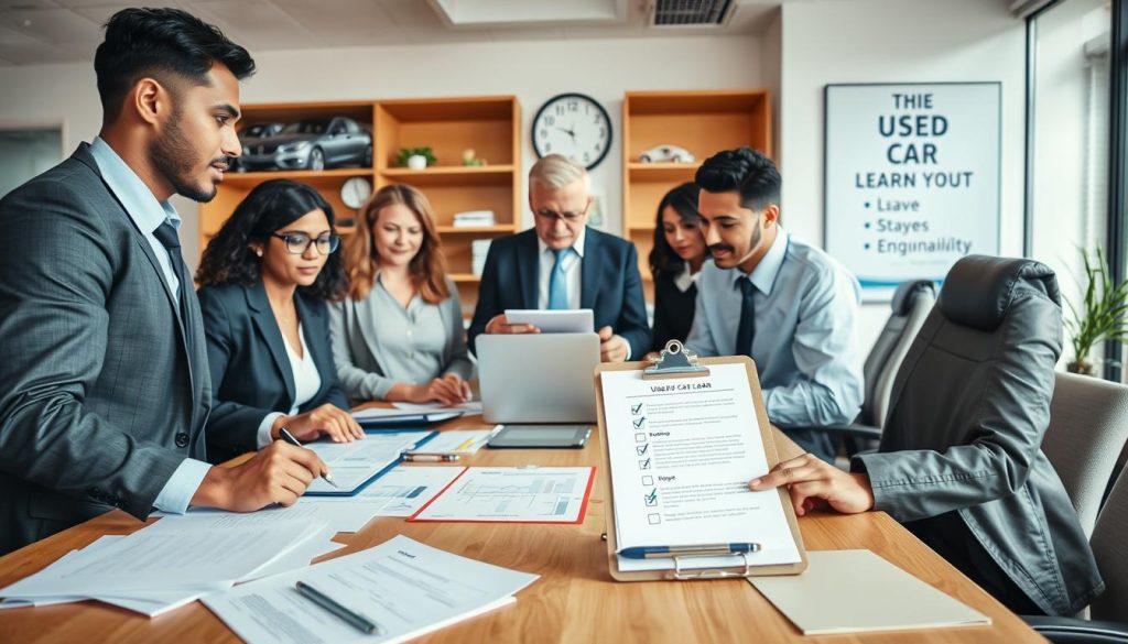 A professional office environment depicting the used car loan application process. In the foreground, a diverse group of individuals in smart business attire is gathered around a table filled with paperwork, financial documents, and a laptop. One person is filling out a loan application, while another is discussing terms with a financial advisor. In the middle, a clipboard with checkboxes and graphs hints at the financial evaluation process. The background features shelves with car brochures, a clock, and a motivational poster about financial responsibility. Soft, natural lighting creates a warm, inviting atmosphere, highlighting the seriousness and hopefulness of financing a vehicle. The scene conveys a mood of professionalism, collaboration, and optimism.