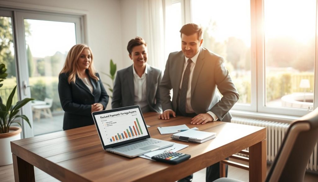A serene home office environment filled with natural light, depicting a diverse group of three professionals—one woman and two men—dressed in smart business attire, gathered around a modern wooden desk. On the desk is a laptop displaying a financial chart illustrating reduced mortgage payments, a notepad with notes on loan terms, and a calculator. In the background, a large window reveals a picturesque garden view, symbolizing stability and growth. Soft sunlight casts warm shadows, creating a sense of calm and focus. The overall atmosphere conveys collaboration and strategic planning, emphasizing the theme of extending loan terms for lower monthly payments. The image should have a shallow depth of field to emphasize the professionals and their discussions while keeping the background softly blurred.