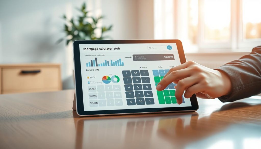 A sleek and modern mortgage calculator interface displayed on a high-resolution tablet, positioned on a polished wooden desk. In the foreground, a pair of professional hands in business attire are entering numbers into the calculator. The middle layer reveals a softly blurred background of a contemporary office space with light-colored walls, a potted plant, and a window allowing natural sunlight to pour in, creating a bright and inviting atmosphere. The focus is sharp on the calculator screen, showcasing graphs and pie charts illustrating mortgage costs. The lighting is bright, with a warm tone, enhancing the mood of productivity and financial planning. The overall ambiance is professional and organized, inviting users to engage with their mortgage calculations effectively.