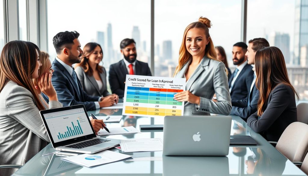 A visually compelling image illustrating the concept of "credit score needed for loan approval," featuring a diverse group of professional individuals in business attire gathered around a modern conference table. In the foreground, a confident woman is presenting a colorful infographic highlighting different credit score ranges required for various loan types. The middle ground includes documents and a laptop displaying graphs related to loan approval statistics. In the background, a large window reveals a city skyline, providing a bright and optimistic atmosphere with natural lighting. The scene is shot from a slightly elevated angle, showcasing the interactions among the participants, conveying a sense of collaboration and professionalism in a business setting. A visually compelling image illustrating the concept of "credit score needed for loan approval," featuring a diverse group of professional individuals in business attire gathered around a modern conference table. In the foreground, a confident woman is presenting a colorful infographic highlighting different credit score ranges required for various loan types. The middle ground includes documents and a laptop displaying graphs related to loan approval statistics. In the background, a large window reveals a city skyline, providing a bright and optimistic atmosphere with natural lighting. The scene is shot from a slightly elevated angle, showcasing the interactions among the participants, conveying a sense of collaboration and professionalism in a business setting.