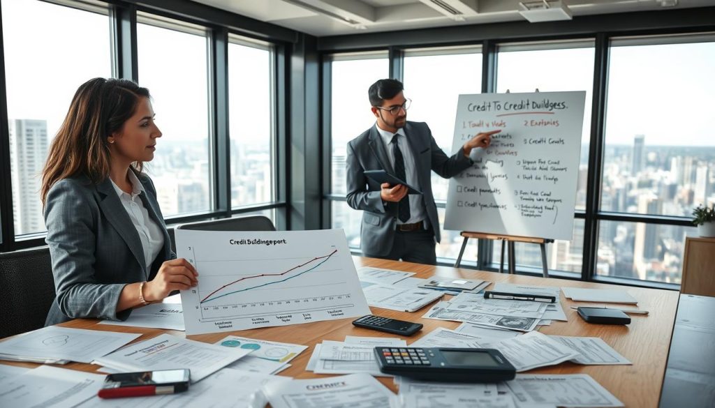A well-lit office environment featuring a diverse group of professionals collaborating over a large table covered with financial documents, credit reports, and calculators. In the foreground, a focused woman in business attire is explaining a graph outlining long-term credit-building strategies, emphasizing ways to improve credit scores. In the middle ground, a man with glasses takes notes on a notepad while another professional points to a whiteboard filled with key tactics like "timely payments" and "credit utilization." In the background, a large window reveals a cityscape, enhancing the atmosphere of determination and growth. Soft, natural lighting pours in, creating an inspiring and productive mood, captured from a slightly elevated angle to give depth. A well-lit office environment featuring a diverse group of professionals collaborating over a large table covered with financial documents, credit reports, and calculators. In the foreground, a focused woman in business attire is explaining a graph outlining long-term credit-building strategies, emphasizing ways to improve credit scores. In the middle ground, a man with glasses takes notes on a notepad while another professional points to a whiteboard filled with key tactics like "timely payments" and "credit utilization." In the background, a large window reveals a cityscape, enhancing the atmosphere of determination and growth. Soft, natural lighting pours in, creating an inspiring and productive mood, captured from a slightly elevated angle to give depth.