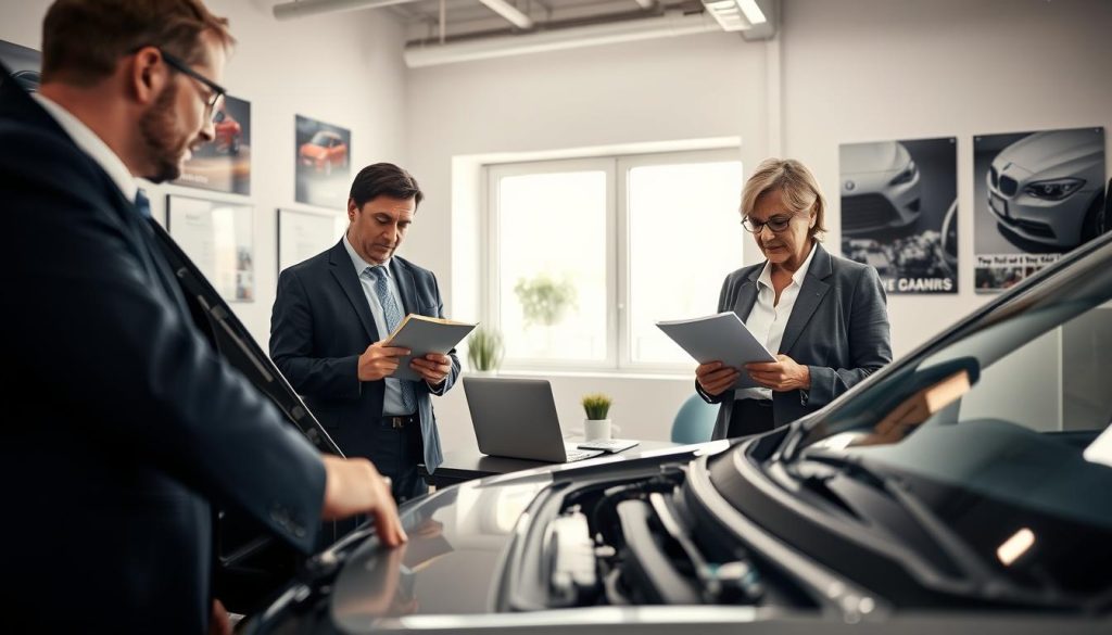 A well-lit room featuring a used car being examined by a diverse group of three individuals dressed in professional business attire, representing a male and female in their 30s and an older female. In the foreground, the car’s hood is open, and one person inspects the engine while another reviews a checklist on a clipboard, indicating due diligence before financing. In the middle ground, a laptop and calculator are visible on a small table, suggesting financial calculations. The background reveals a supportive environment with automotive posters on the walls, soft natural light filtering through a nearby window. The atmosphere is focused and professional, conveying the seriousness of evaluating a vehicle prior to securing a loan. The angle captures the scene from a slight elevation, emphasizing the task at hand.